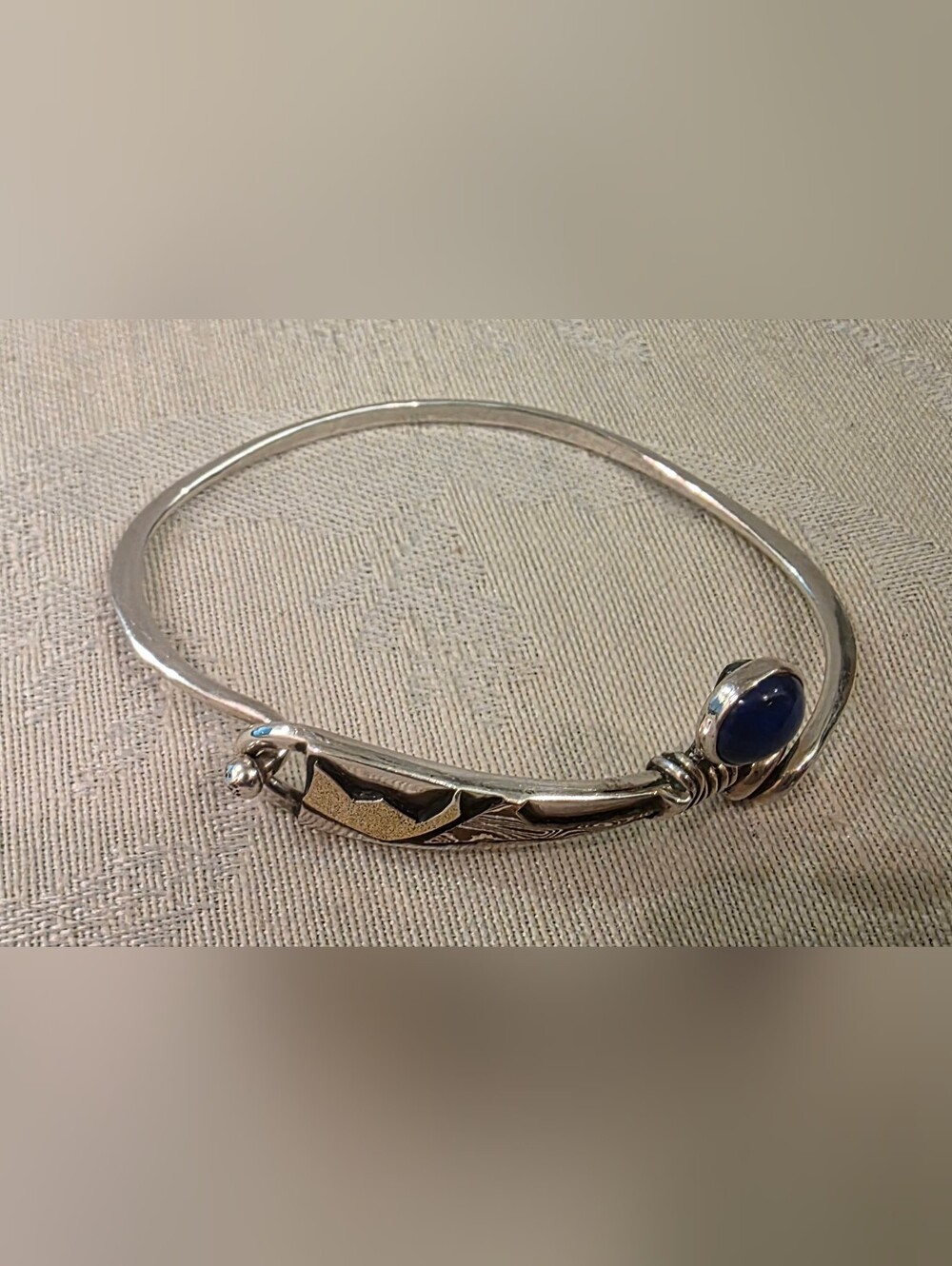Unique Artisan Silver Mixed Etched Mefal & Lapis Lazuli Cuff Distinct Hook Latch